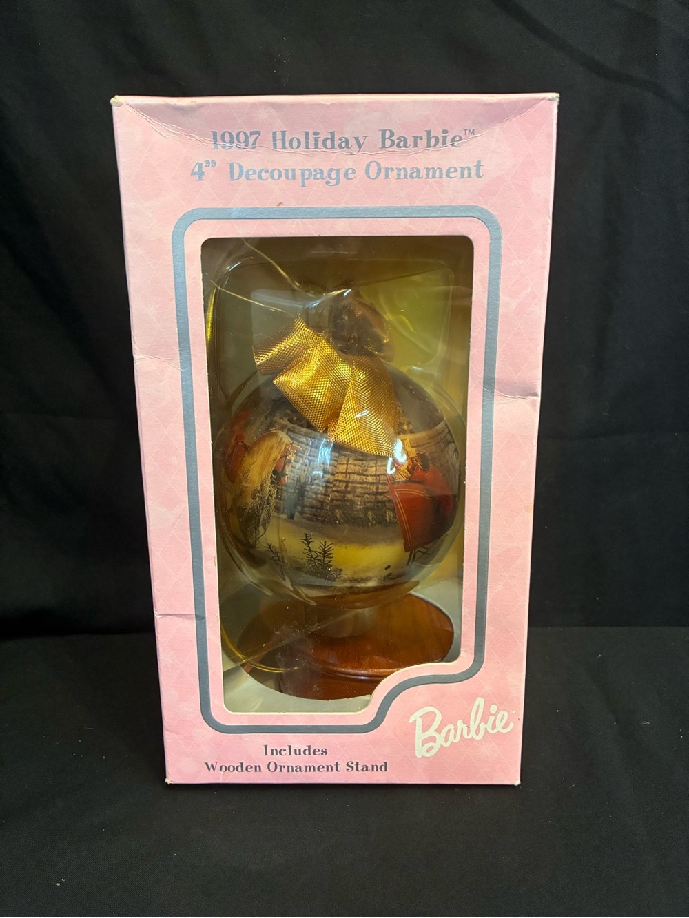 1997 Vintage Holiday Barbie 4” Decoupage Ornament | Wood Stand